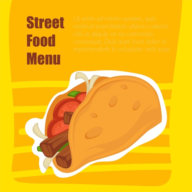 Cardápio de comida de rua, taco com carne e tortilla