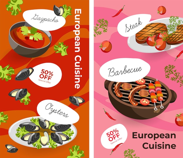 Cardápio de cozinha europeia com promoção e liquidações