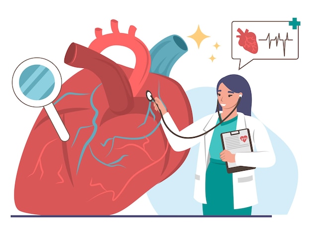 Vetor cardiologista médica examinando o coração humano com estetoscópio, ilustração vetorial plana. cardiologia, doenças cardíacas, medicina e cuidados de saúde.