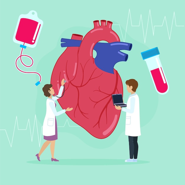 Cardiologistas examinando o coração com ferramentas médicas Ilustração