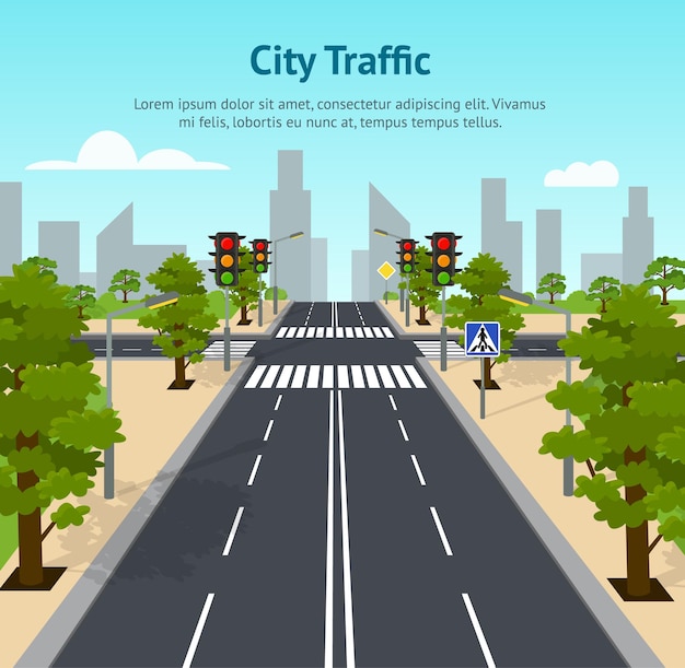 Caricatura, cidade, crossroad, semáforos, cartaz, cartão, para, marketing, transporte, conceito, elemento, design plano, estilo, vetorial, ilustração, de, intersecção, estrada