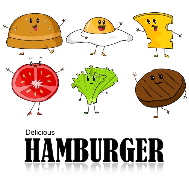 Vetor caricatura, de, hamburger, pão, carne, fatia, tomate, queijo, alface, e, ovo frito