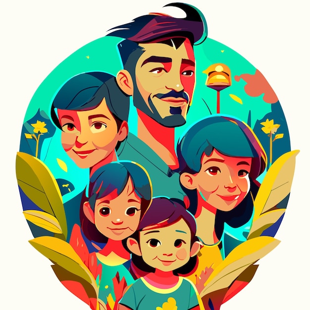 Vetor caricatura de uma família com dois filhos arte digital completa cabeça e ombros vívido realista
