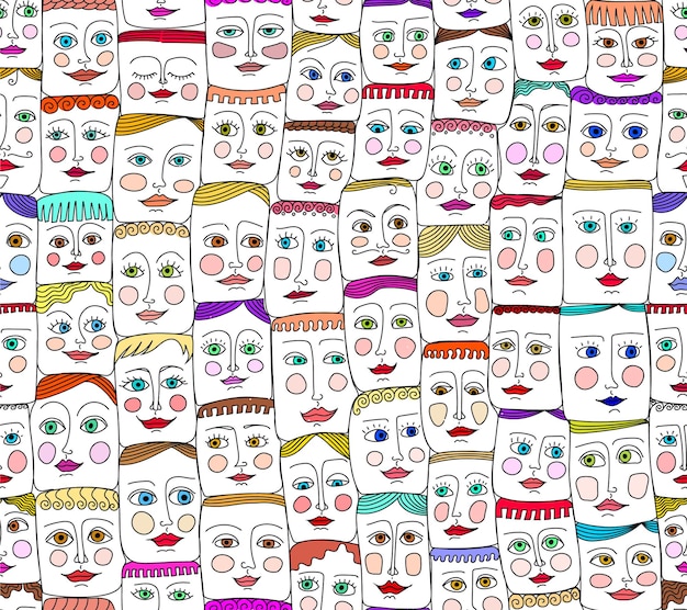 Vetor caricatura e infantil colorido rostos divertidos padrão perfeito