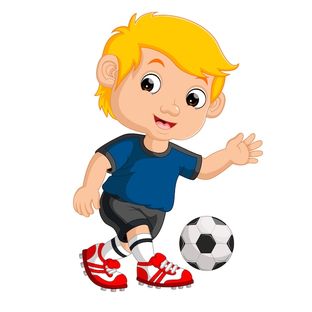 Caricatura, menino, futebol jogando