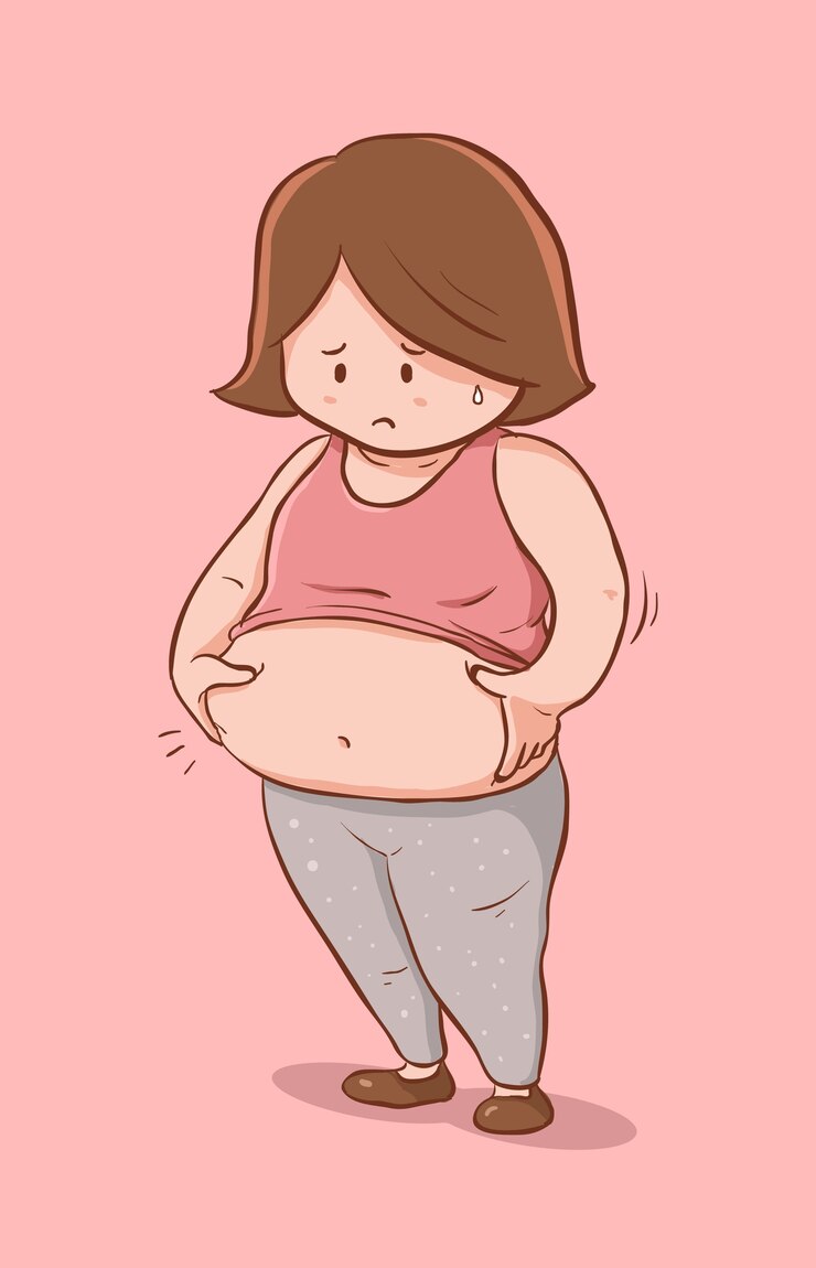 Vetor caricatura, mulher, sentimento, gorda