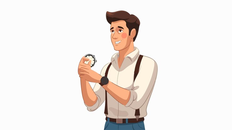 Vetor caricatura profissional de um homem de pé e verificando o relógio na mão
