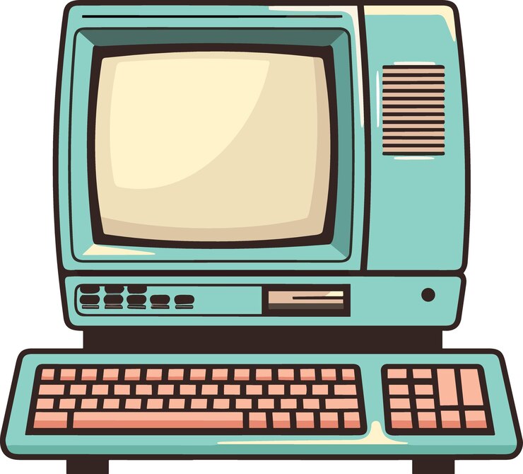 Vetor caricatura, retro, computador, monitor, com, teclado, retro, vetorial, ilustração, kitsch, vintage