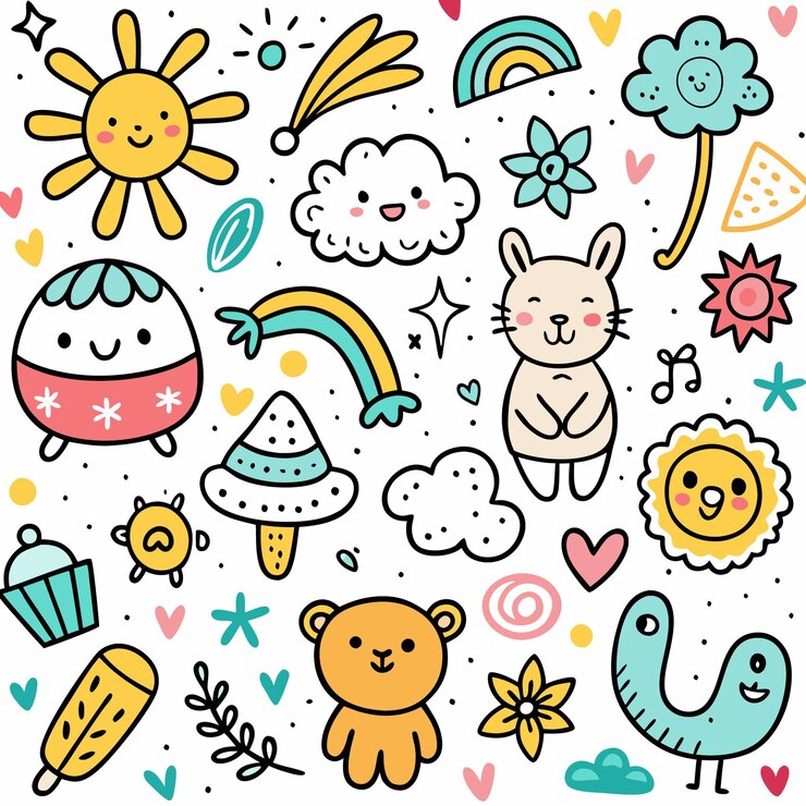 Vetor caricaturas bonitas desenhadas à mão com animais arco-íris sol corações estrelas e flores