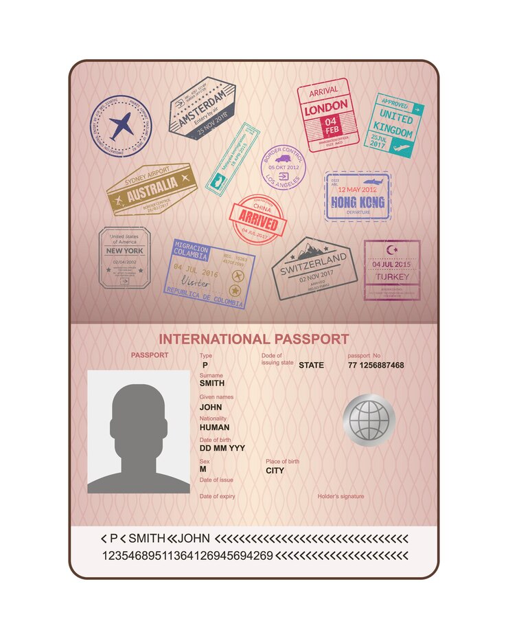 Vetor carimbo no passaporte para viajar um passaporte aberto, conjunto de vetores de selos de visto de chegada internacional.