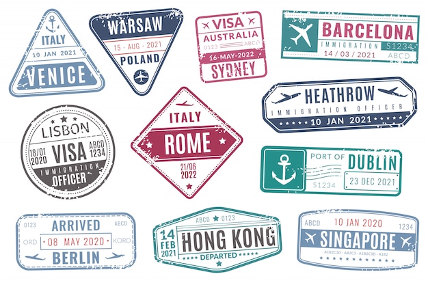 Carimbos de aeroporto. A imigração de visto de passaporte de viagens vintage chegou carimbo com textura grunge. Conjunto isolado vector