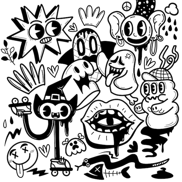 Carinhosos e peculiares doodles com temas de Halloween com vários personagens e desenhos brincalhões