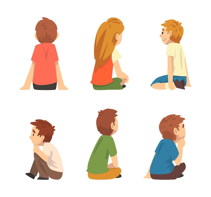 Vetor carinhosos meninos e meninas sentados no chão e ouvindo atentamente definido vetor de desenho animado