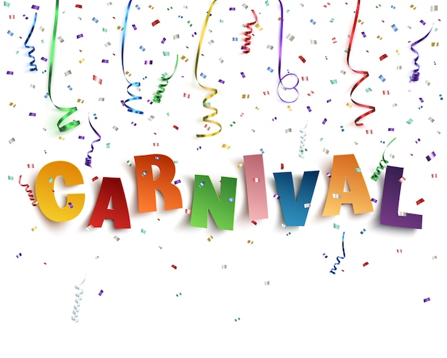 Vetor carnaval de palavra tipográfica artesanal colorido sobre fundo com fitas e confetes em branco.