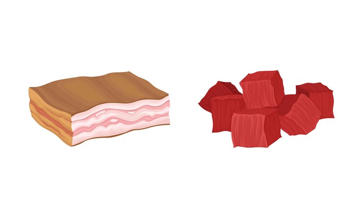 Vetor carne com banha ou bacon e fatias de carne bovina como alimento proveniente de conjuntos de vectores de matadoura