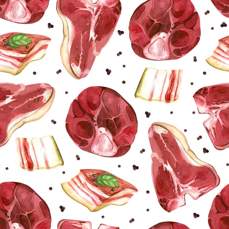 Vetor carne com osso bife manteiga de vaca grãos de pimenta todos os objetos são desenhados à mão com aquarela aquarela
