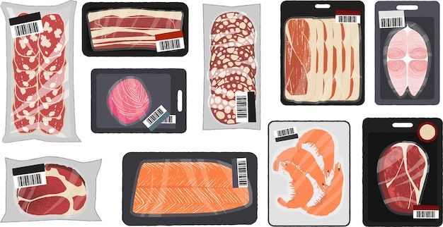 Carne e frutos do mar em embalagem Carne de carne bovina, de porco, de peixe, de filé, de plástico, de embalagem a vácuo, de alimentos crus frescos em supermercados, conjunto isolado de vetores