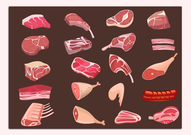 Vetor carne e produtos à base de carne set de cor desenho simples em fundo castanho vector de ilustração de desenho animado de estilo plano