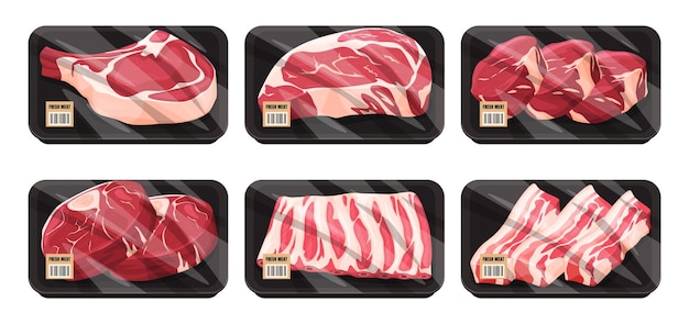 Vetor carne fresca e carne de porco em embalagens carne classificada para venda ilustração vetorial