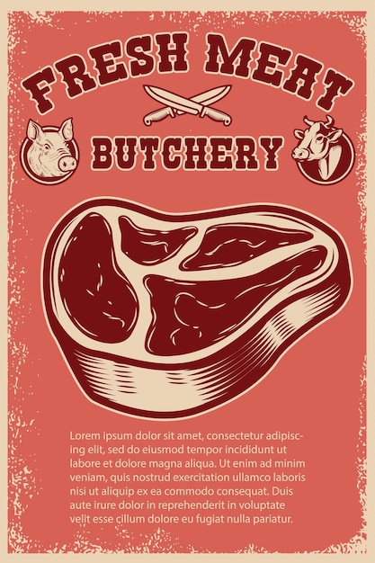 Carne fresca. modelo de cartaz com corte de carne em fundo grunge. ilustração vetorial