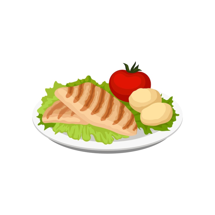 Vetor carne grelhada servida com vegetais em um prato de vetor ilustração isolada em um fundo branco