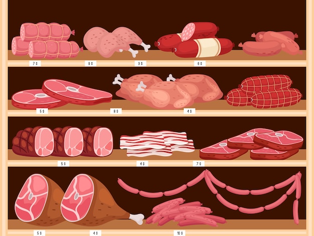 Vetor carne nas prateleiras. salsichas frescas, presunto de porco e carne de bovino crua sortida no açougue