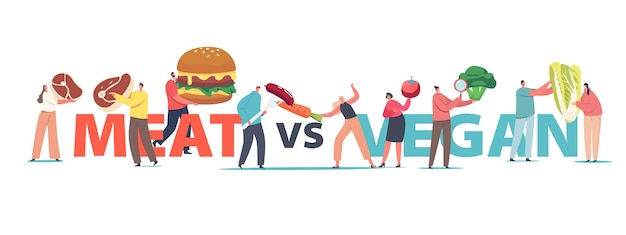 Carne vs conceito de comida vegan. minúsculos personagens masculinos ou femininos com enormes produtos saudáveis e insalubres, carne, vegetais e cartaz de nutrição de fast-food, banner ou panfleto. ilustração em vetor desenho animado