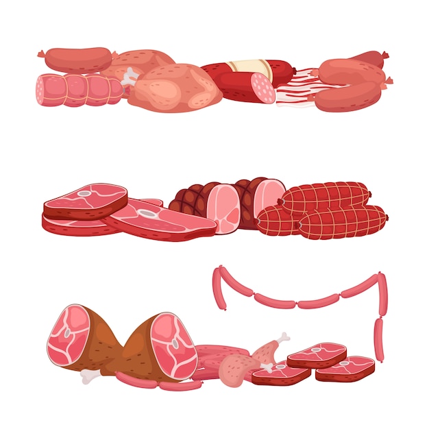 Carnes e enchidos. ilustração de mercado de carne fresca dos desenhos animados