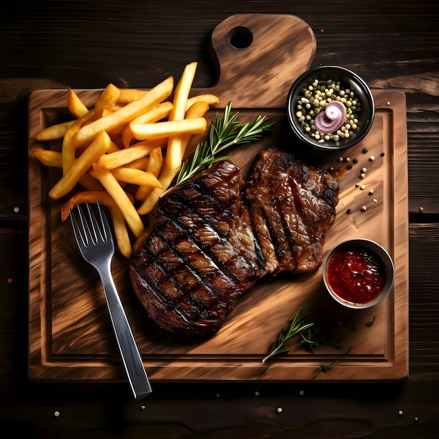 Carnes grelhadas com batata frita em tábua de madeira