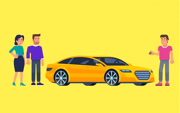 Caronas e compartilhamento de carros. pessoas felizes na frente do carro. viajar de carro. ilustração