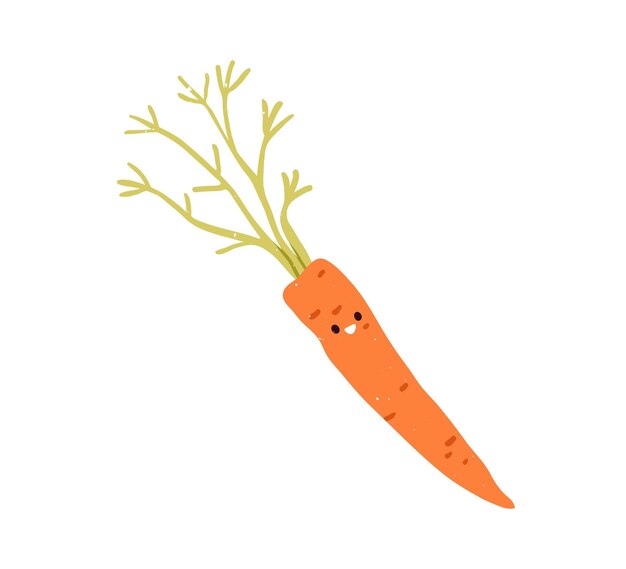 Carota feliz bonita. vegetal engraçado com expressão de rosto sorridente e alegre, emoção positiva. personagem de comida saudável cômica rindo. ilustração vetorial plana infantil isolada em fundo branco.