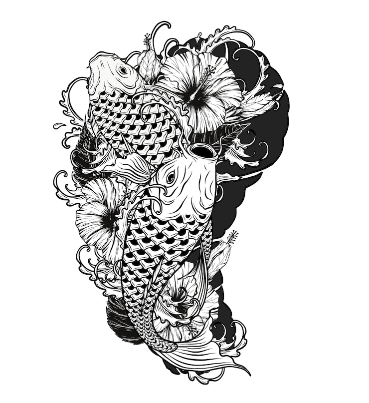 Vetor carpa, peixe, com, flor, tatuagem, por, mão, desenho