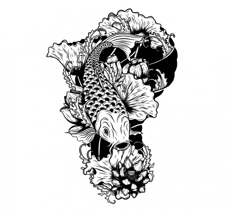 Vetor carpa, peixe, com, loto, vetorial, tatuagem, por, mão, desenho