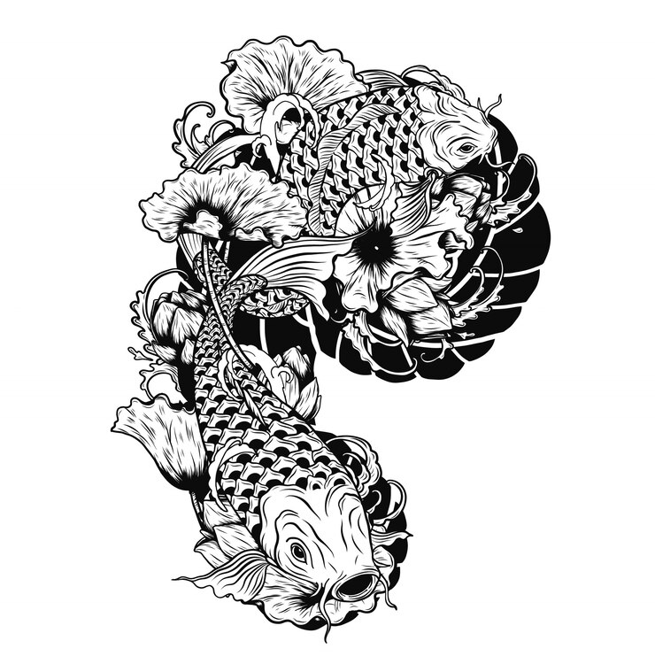 Vetor carpa, peixe, com, loto, vetorial, tatuagem, por, mão, desenho