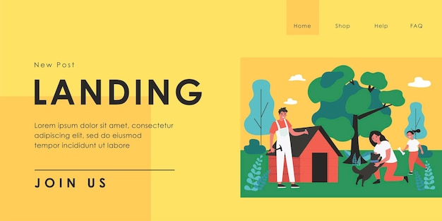 Carpinteiro fazendo casinha para animais domésticos do lado de fora. Mãe brincando com cachorro, filha com osso, homem com ilustração vetorial plana de martelo e prego. Conceito de animais de estimação para banner, design de site