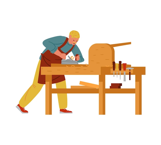 Vetor carpinteiro fazendo personagem de artesão de móveis