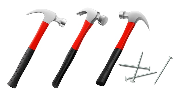 Carpinteiros martelos com pregos isolados em fundo branco Montagem ou fechadaria