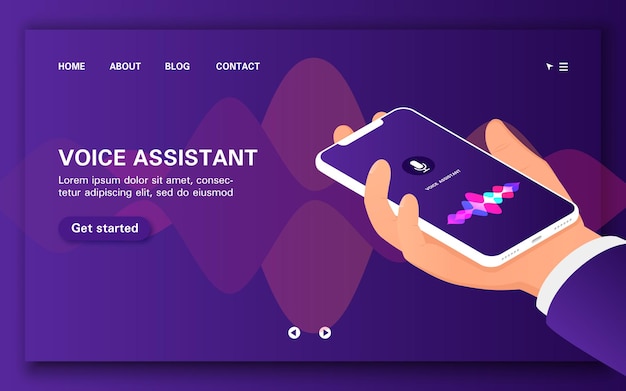 Carrega a página inicial do assistente de voz inteligente. Mão segurando um smartphone.