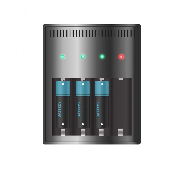 Carregador de bateria com pilhas fracas do dedo e indicadores, isolados altos.