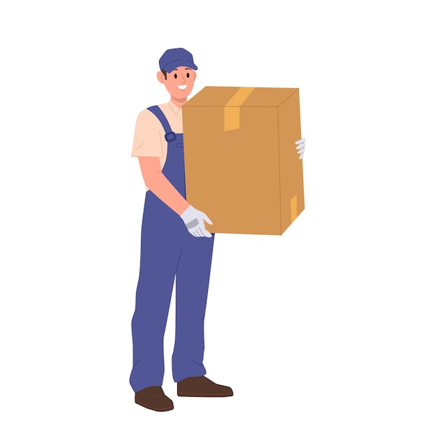 Carregador de correio personagem de desenho animado que fornece ajuda na realocação e mudança de casa isolado em fundo branco Movedor masculino em uniforme carregando caixa de papelão ilustração vetorial Serviço de envio