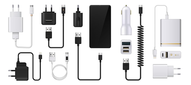 Carregador de telefone fonte de alimentação de smartphone realista cabos usb 3d e plugues elétricos adaptadores automáticos para dispositivos de carregamento cabos de alimentação equipamento digital vetorial para reabastecimento de acumuladores