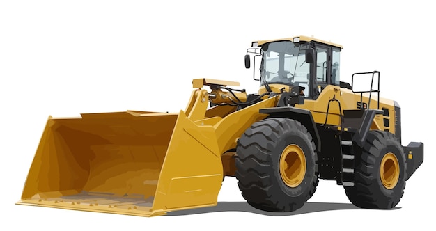 Vetor carregador frontal amarelo grande ou bulldozer de todas as rodas isolado no fundo branco