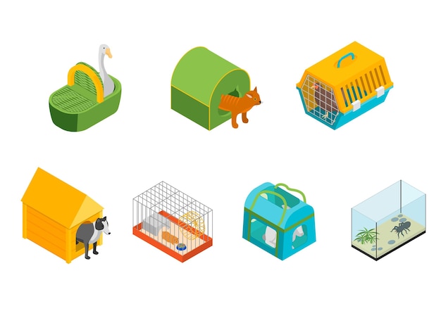 Carregadores de animais de estimação Sinais de ícones 3d Conjunto de ícones Visão isométrica Saco portátil para animais domésticos em uma ilustração vetorial branca de Carregador