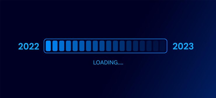 Carregando Ano Novo 2022 a 2023 ou Barra de Progresso com fundo azul e Feliz Ano Novo 2023