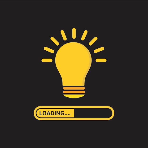 Vetor carregando conceito de ideia criativa progresso barra de carregamento ícone de lâmpada amarela em fundo preto vector