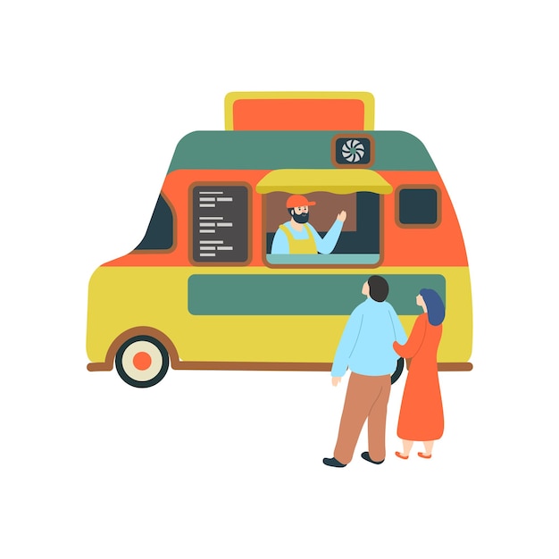 Carrinha de comida com vendedor em fundo branco. ilustração em vetor plana.