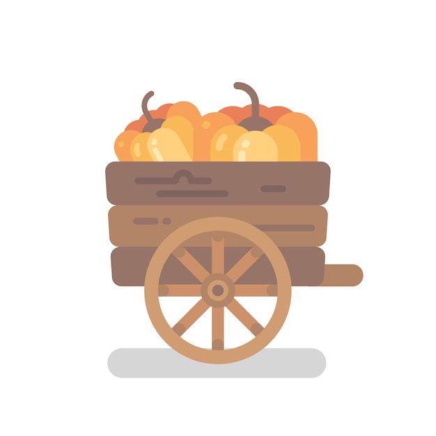 Vetor carrinho de abóbora de madeira com ilustração plana de duas abóboras