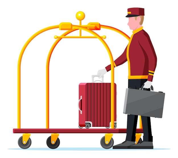 Vetor carrinho de bagagem do hotel cheio de bagagem e mensageiro