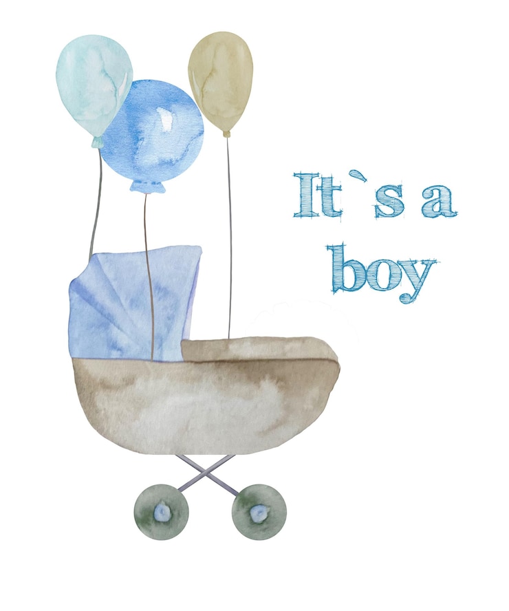 Vetor carrinho de bebê azul aquarela com ilustração de balões é um conjunto de menino
