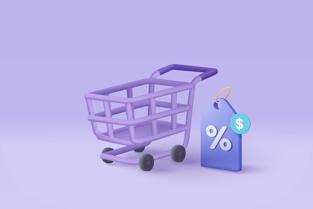 Carrinho de compras 3D com etiquetas de preço para compras on-line e cesta de ideias de marketing digital e etiquetas promocionais na sacola de compras de fundo roxo comprar vender desconto ilustração de ícone de vetor 3d